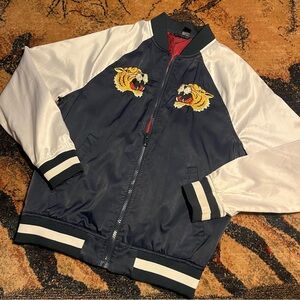 Black and White Embroidered Tiger Men's Bomber Jacket